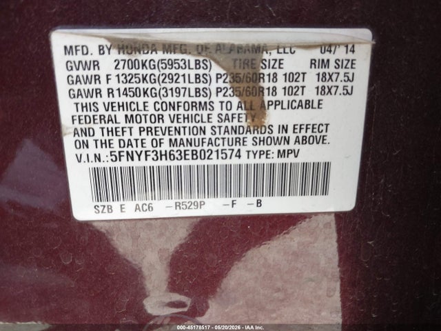 Honda Pilot Ex-l 2014 5FNYF3H63EB021574 Image 9