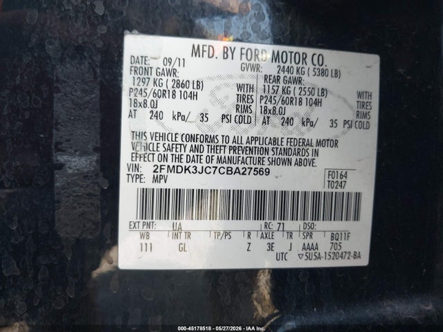 Aukcja sprzedaży 2012 Ford Edge Sel, vin: 2FMDK3JC7CBA27569, numer aukcji: 45178518