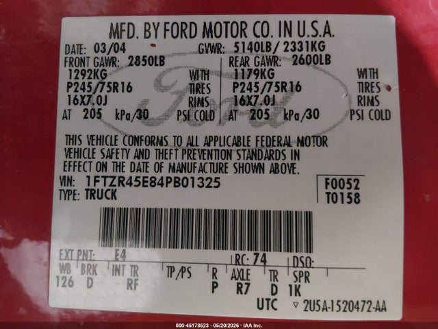 Продажа на аукционе авто 2004 Ford Ranger Edge/tremor/xlt, vin: 1FTZR45E84PB01325, номер лота: 45178523