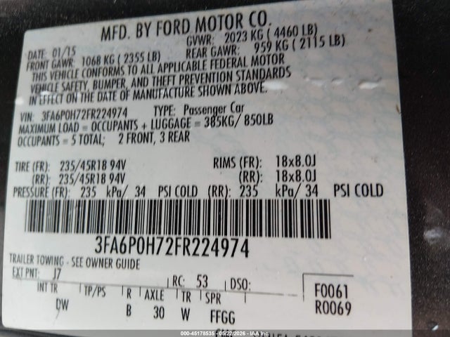 Ford FUSION SE 2015 3FA6P0H72FR224974 Image 9