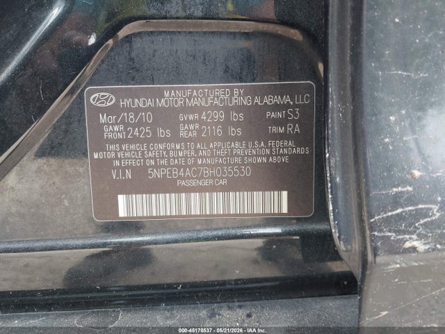 Aukcja sprzedaży 2011 Hyundai Sonata Gls, vin: 5NPEB4AC7BH035530, numer aukcji: 45178537