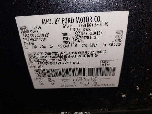 Продаж на аукціоні авто 2017 Ford Explorer Sport, vin: 1FM5K8GT2HGB91613, номер лоту: 45178544
