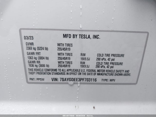 Aukcja sprzedaży 2023 Tesla Model Y Awd/long Range Dual Motor All-wheel Drive, vin: 7SAYGDEE3PF703116, numer aukcji: 45178548