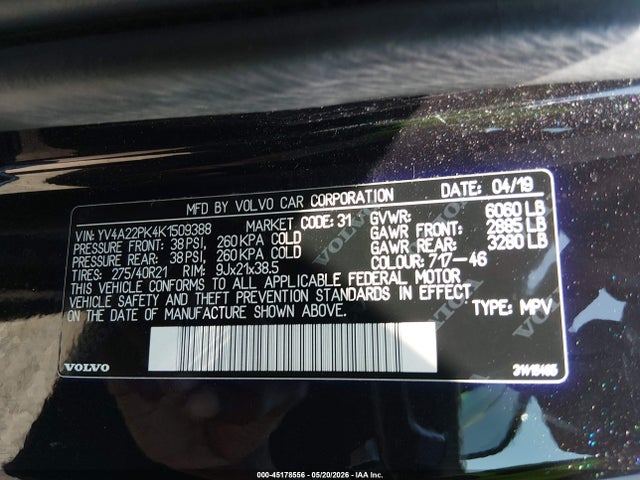 Aukcja sprzedaży 2019 Volvo Xc90 T6 Momentum, vin: YV4A22PK4K1509388, numer aukcji: 45178556