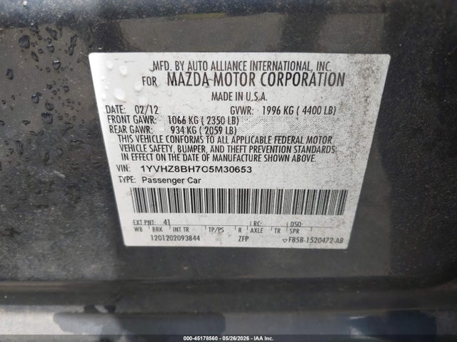 2012 Mazda Mazda6 I Sport მანქანა იყიდება აუქციონზე, vin: 1YVHZ8BH7C5M30653, აუქციონის ნომერი: 45178560