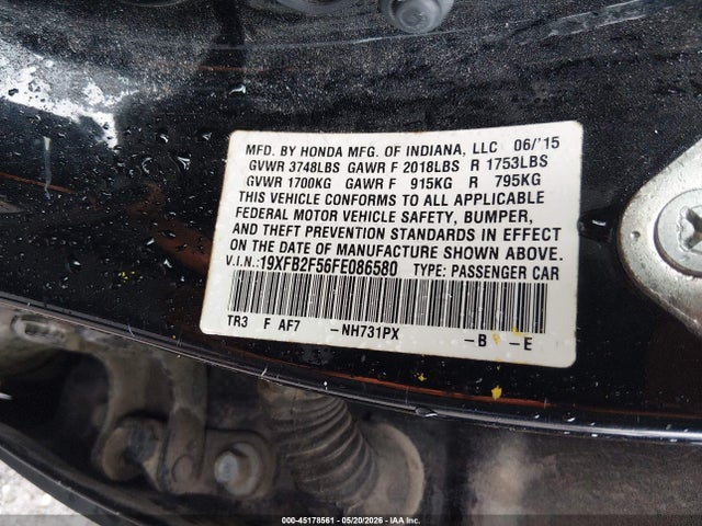 45178561 :رقم المزاد ، 19XFB2F56FE086580 vin ، 2015 Honda Civic Lx مزاد بيع