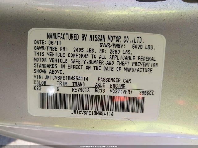Продажа на аукционе авто 2011 Infiniti G37, vin: JN1CV6FE1BM954114, номер лота: 45178564