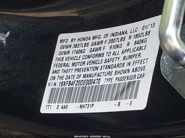 2013 Honda Civic Hybrid მანქანა იყიდება აუქციონზე, vin: 19XFB4F20DE000470, აუქციონის ნომერი: 45178570