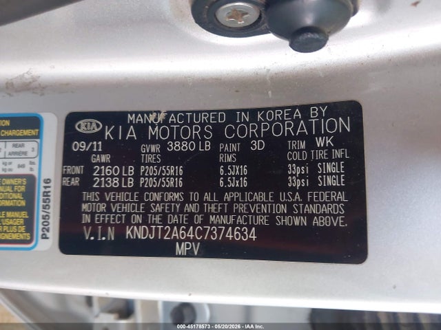 Aukcja sprzedaży 2012 Kia Soul +, vin: KNDJT2A64C7374634, numer aukcji: 45178573