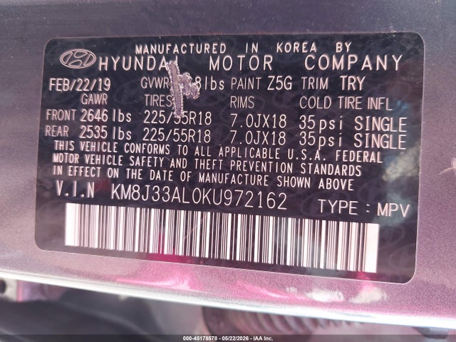 45178578 :رقم المزاد ، KM8J33AL0KU972162 vin ، 2019 Hyundai Tucson Sel مزاد بيع