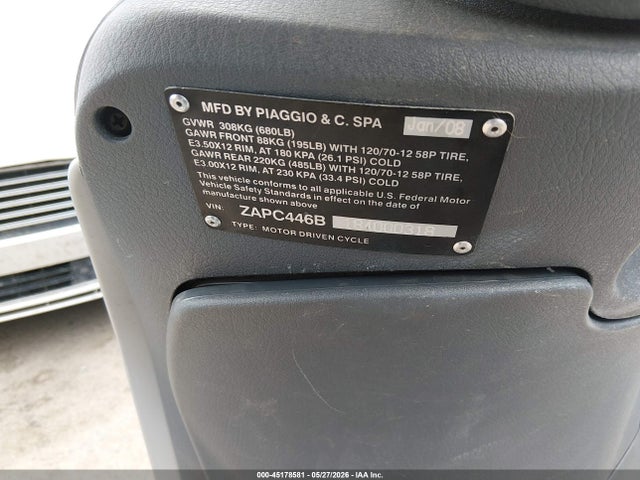 Aukcja sprzedaży 2008 Piaggio Fly 50, vin: ZAPC446B184000318, numer aukcji: 45178581
