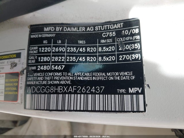 45178589 :رقم المزاد ، WDCGG8HBXAF262437 vin ، 2010 Mercedes-benz Glk 350 4matic مزاد بيع
