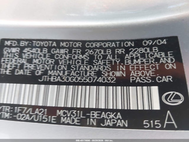 Aukcja sprzedaży 2005 Lexus Es 330, vin: JTHBA30G055074032, numer aukcji: 45178590