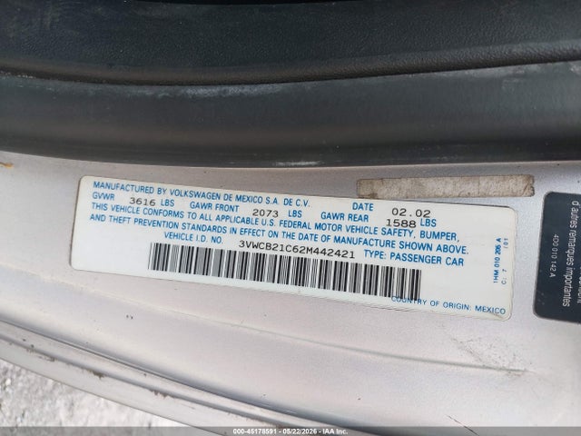 Продаж на аукціоні авто 2002 Volkswagen New Beetle Gls, vin: 3VWCB21C62M442421, номер лоту: 45178591