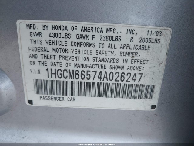Продаж на аукціоні авто 2004 Honda Accord 3.0 Ex, vin: 1HGCM66574A026247, номер лоту: 45178614