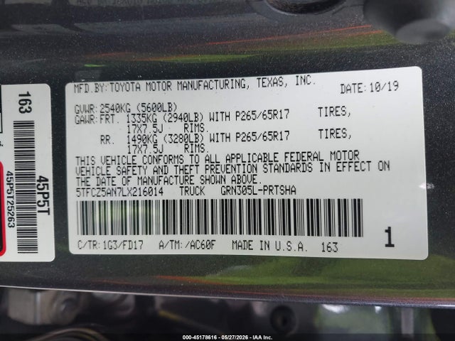 Aukcja sprzedaży 2020 Toyota Tacoma Trd Sport, vin: 5TFCZ5AN7LX216014, numer aukcji: 45178616