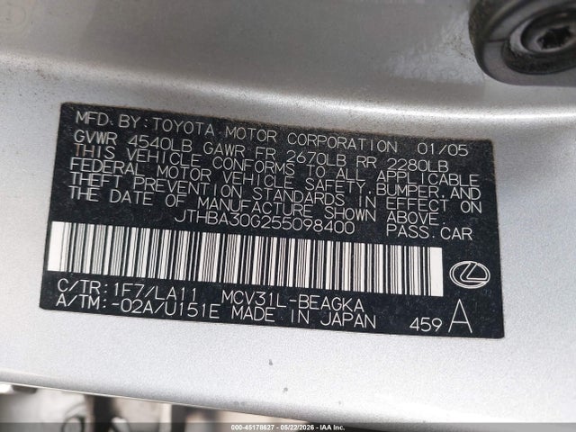 45178627 :رقم المزاد ، JTHBA30G255098400 vin ، 2005 Lexus Es 330 مزاد بيع