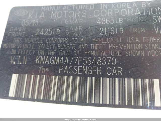 45178635 :رقم المزاد ، KNAGM4A77F5648370 vin ، 2015 Kia Optima Lx مزاد بيع