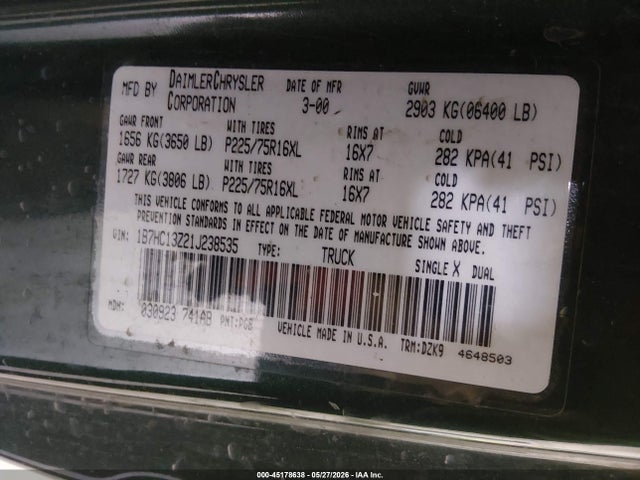 45178638 :رقم المزاد ، 1B7HC13Z21J238535 vin ، 2001 Dodge Ram 1500 St مزاد بيع