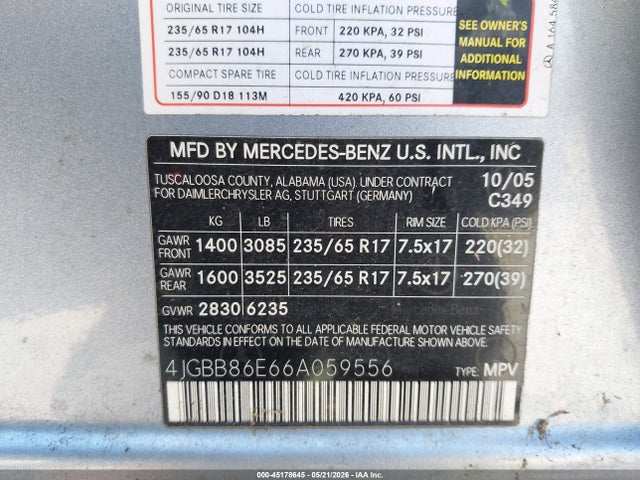 2006 Mercedes-benz Ml 350 4matic მანქანა იყიდება აუქციონზე, vin: 4JGBB86E66A059556, აუქციონის ნომერი: 45178645