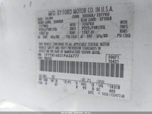 Продаж на аукціоні авто 2001 Ford Ranger Edge/xlt, vin: 1FTYR14E31PA36777, номер лоту: 45178648