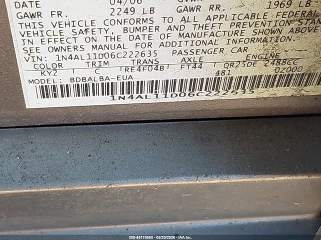 Продаж на аукціоні авто 2006 Nissan Altima 2.5 S, vin: 1N4AL11D06C222635, номер лоту: 45178660