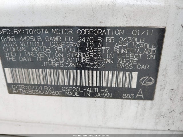 Продажа на аукционе авто 2011 Lexus Is 250, vin: JTHBF5C28B5143204, номер лота: 45178665
