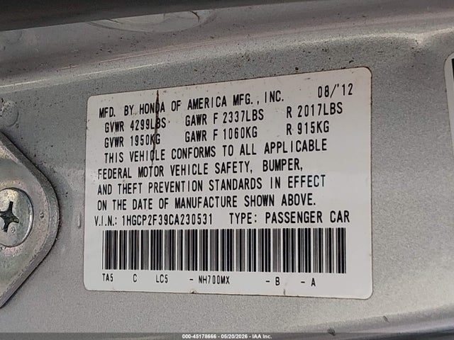 Auction sale of the 2012 Honda Accord 2.4 Lx, vin: 1HGCP2F39CA230531, lot number: 45178666
