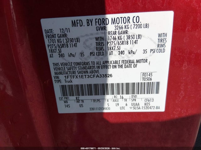 45178671 :رقم المزاد ، 1FTFX1ET3CFA33526 vin ، 2012 Ford F-150 Xlt مزاد بيع