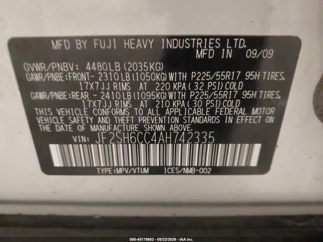 Aukcja sprzedaży 2010 Subaru Forester 2.5x Premium, vin: JF2SH6CC4AH742335, numer aukcji: 45178683