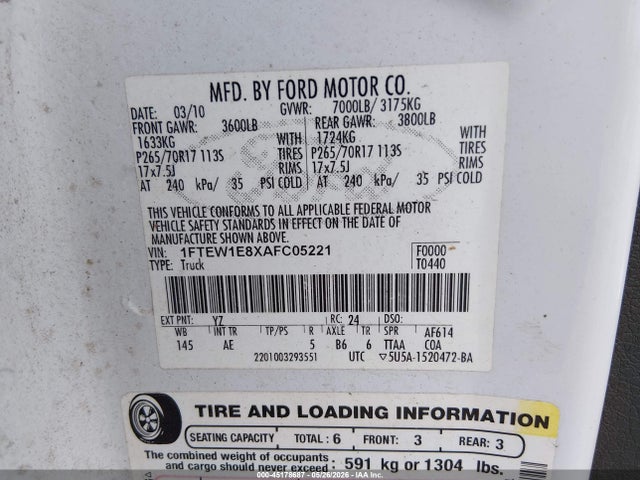 Aukcja sprzedaży 2010 Ford F-150 Xl/xlt, vin: 1FTEW1E8XAFC05221, numer aukcji: 45178687