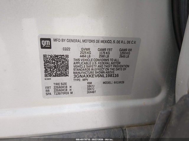 3GNAXKEV6NL198116 Chevrolet Equinox Fwd Lt