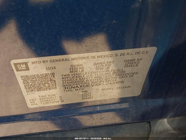 Aukcja sprzedaży 2019 Chevrolet Equinox Lt, vin: 3GNAXUEVXKL243405, numer aukcji: 45178711