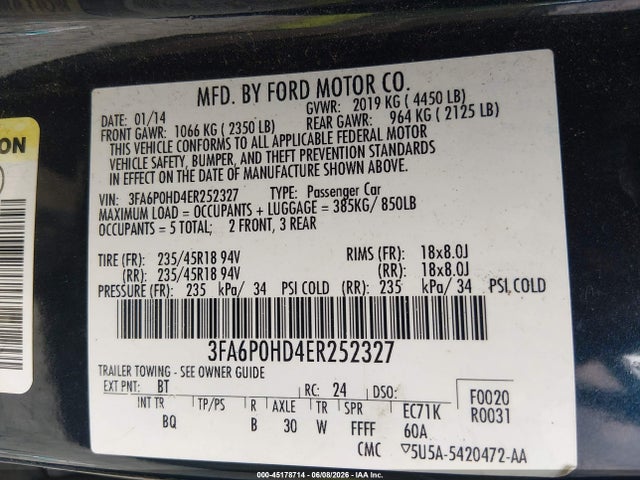 Aukcja sprzedaży 2014 Ford Fusion Se, vin: 3FA6P0HD4ER252327, numer aukcji: 45178714