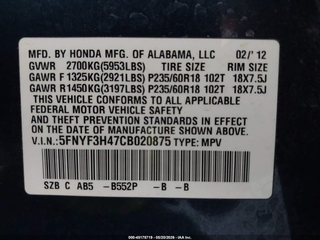Продаж на аукціоні авто 2012 Honda Pilot Ex, vin: 5FNYF3H47CB020875, номер лоту: 45178719