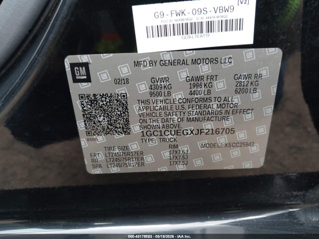 Aukcja sprzedaży 2018 Chevrolet Silverado 2500hd Wt, vin: 1GC1CUEGXJF216705, numer aukcji: 45178723