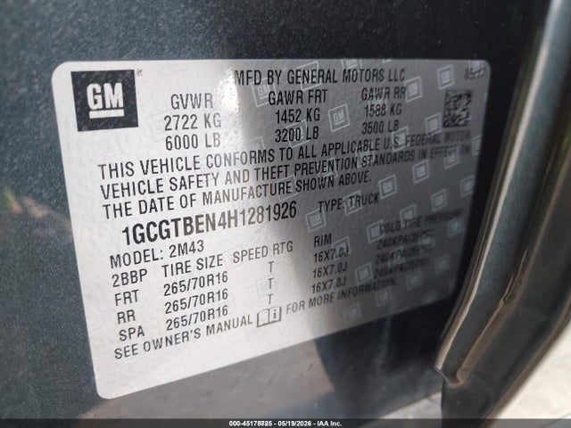 Aukcja sprzedaży 2017 Chevrolet Colorado Wt, vin: 1GCGTBEN4H1281926, numer aukcji: 45178725