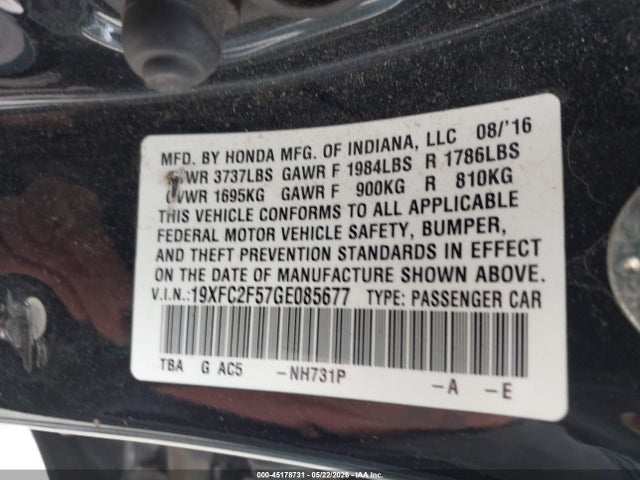 Aukcja sprzedaży 2016 Honda Civic Lx, vin: 19XFC2F57GE085677, numer aukcji: 45178731