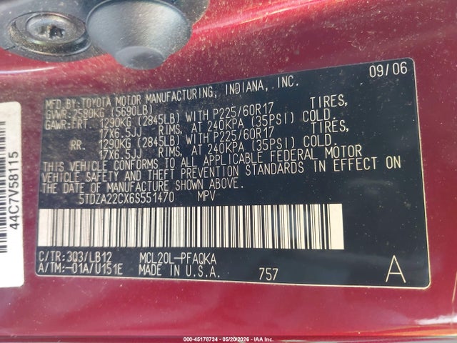 Aukcja sprzedaży 2006 Toyota Sienna Xle, vin: 5TDZA22CX6S551470, numer aukcji: 45178734