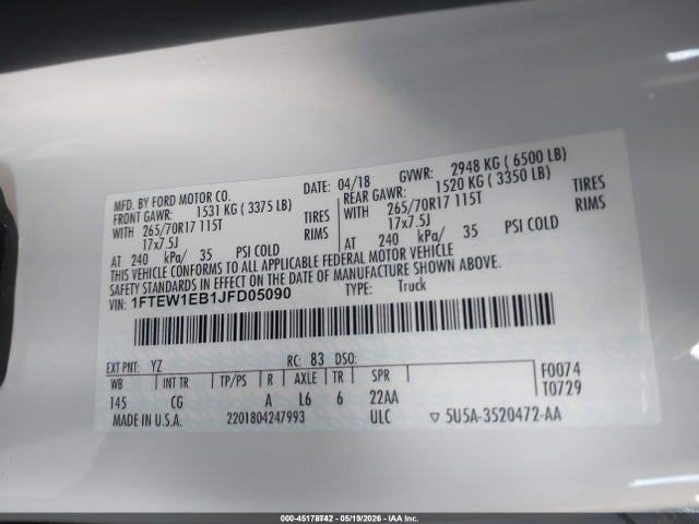 Aukcja sprzedaży 2018 Ford F-150 Xl, vin: 1FTEW1EB1JFD05090, numer aukcji: 45178742