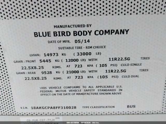 Blue Bird School Bus / Transit Bus 2015 1BAKGCPA8FF310028 Image 9