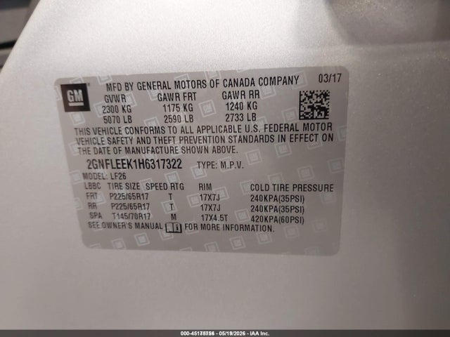 Aukcja sprzedaży 2017 Chevrolet Equinox Ls, vin: 2GNFLEEK1H6317322, numer aukcji: 45178756