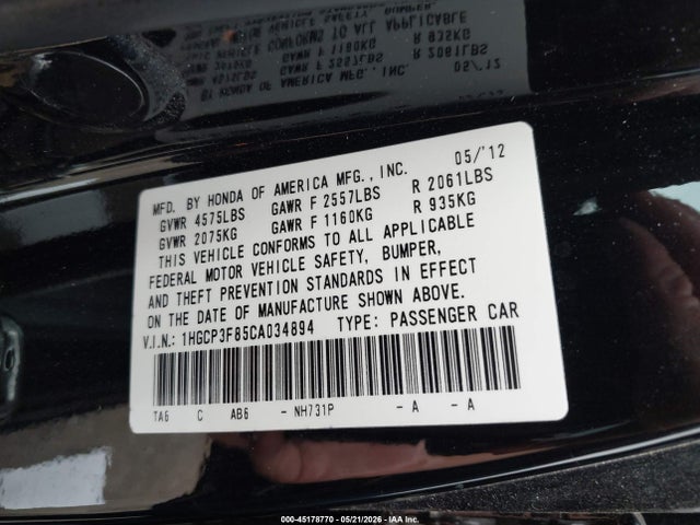 Aukcja sprzedaży 2012 Honda Accord 3.5 Ex-l, vin: 1HGCP3F85CA034894, numer aukcji: 45178770