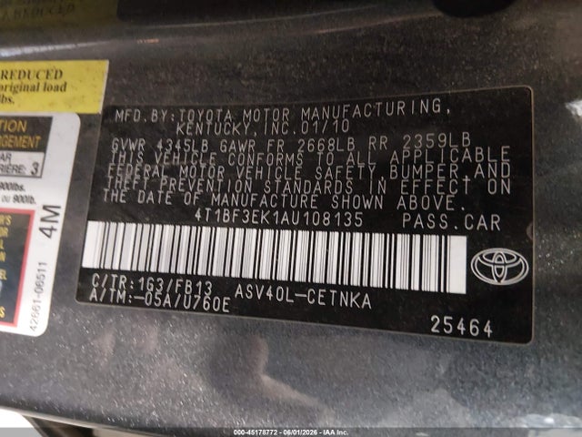 45178772 :رقم المزاد ، 4T1BF3EK1AU108135 vin ، 2010 Toyota Camry Le مزاد بيع