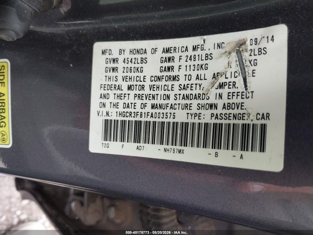 Aukcja sprzedaży 2015 Honda Accord Ex-l V-6, vin: 1HGCR3F81FA003575, numer aukcji: 45178773