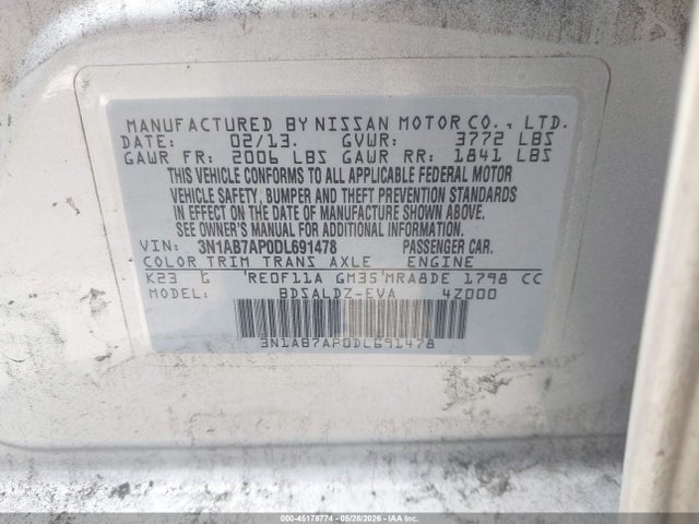 2013 Nissan Sentra Sv მანქანა იყიდება აუქციონზე, vin: 3N1AB7AP0DL691478, აუქციონის ნომერი: 45178774