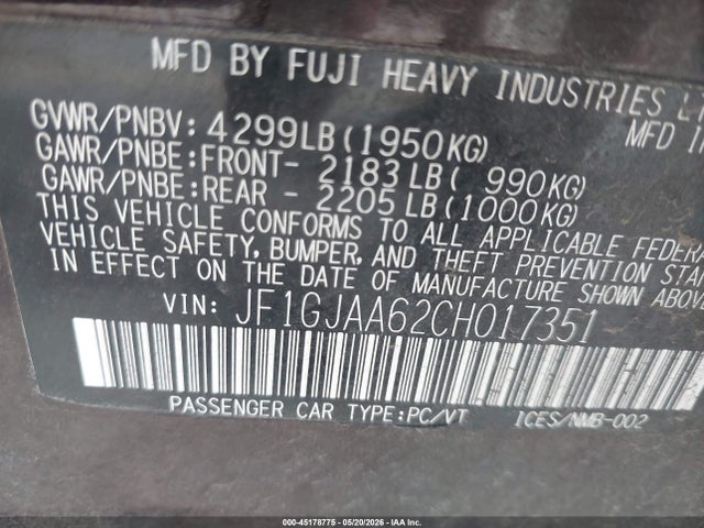 2012 Subaru Impreza 2.0i მანქანა იყიდება აუქციონზე, vin: JF1GJAA62CH017351, აუქციონის ნომერი: 45178775