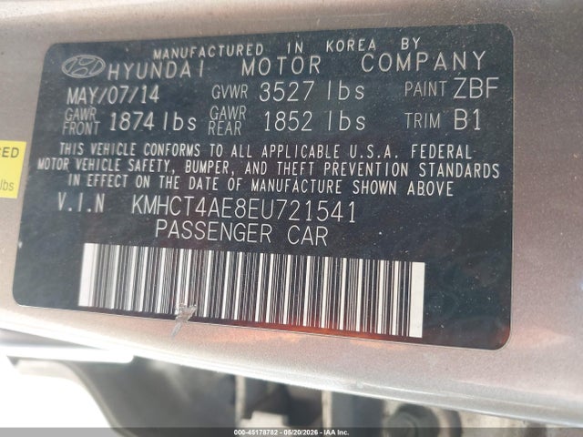 45178782 :رقم المزاد ، KMHCT4AE8EU721541 vin ، 2014 Hyundai Accent Gls مزاد بيع