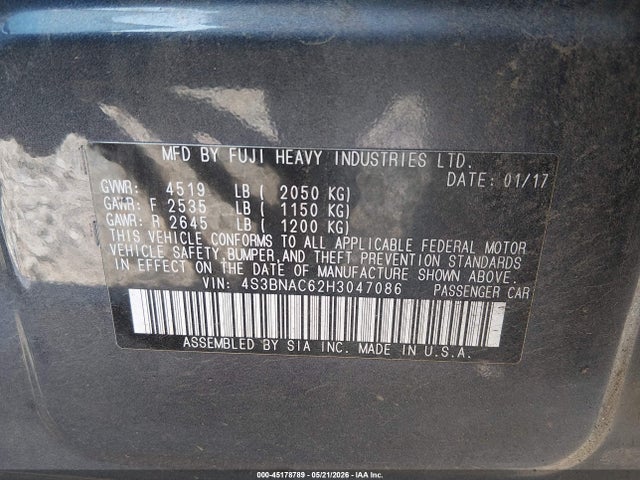 2017 Subaru Legacy 2.5i Premium მანქანა იყიდება აუქციონზე, vin: 4S3BNAC62H3047086, აუქციონის ნომერი: 45178789