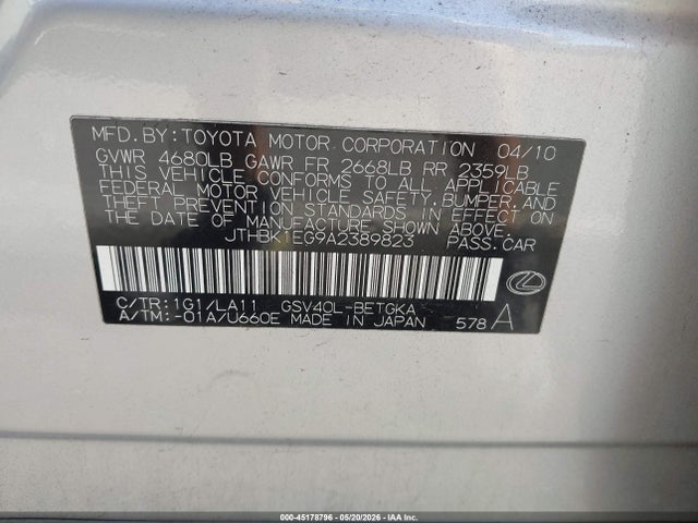 45178796 :رقم المزاد ، JTHBK1EG9A2389823 vin ، 2010 Lexus Es 350 مزاد بيع
